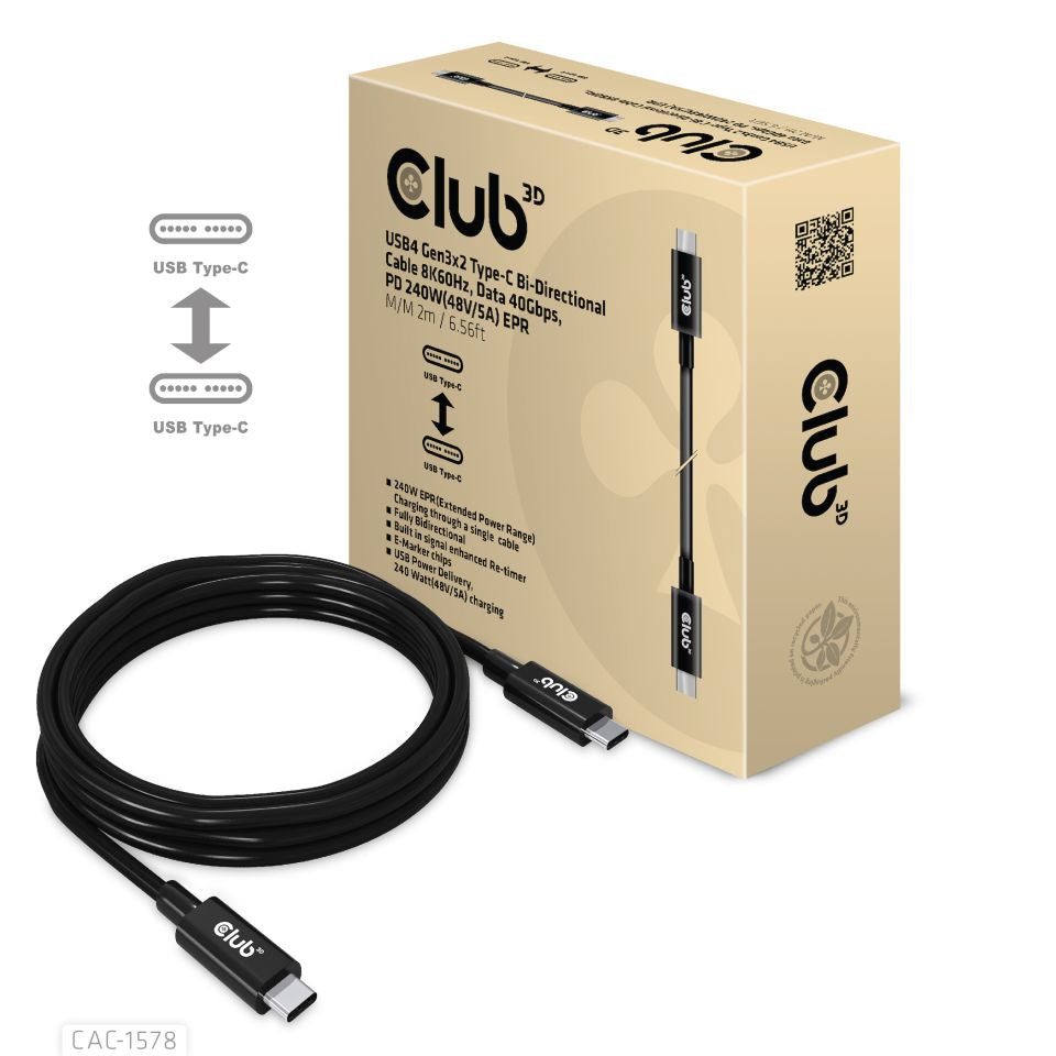 CLUB3D Club 3D – USB-C auf USB-C Kabel – USB4 40 Gbit/s – 2 m – PD 240 W – Schwarz – für Smartphones und mehr