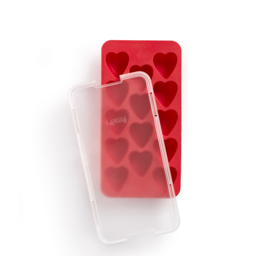 Lékué Eiswürfelform – 23 × 12 × 3 cm, Kunststoff (SBS), Rot, 14 Eiswürfel, mit Deckel