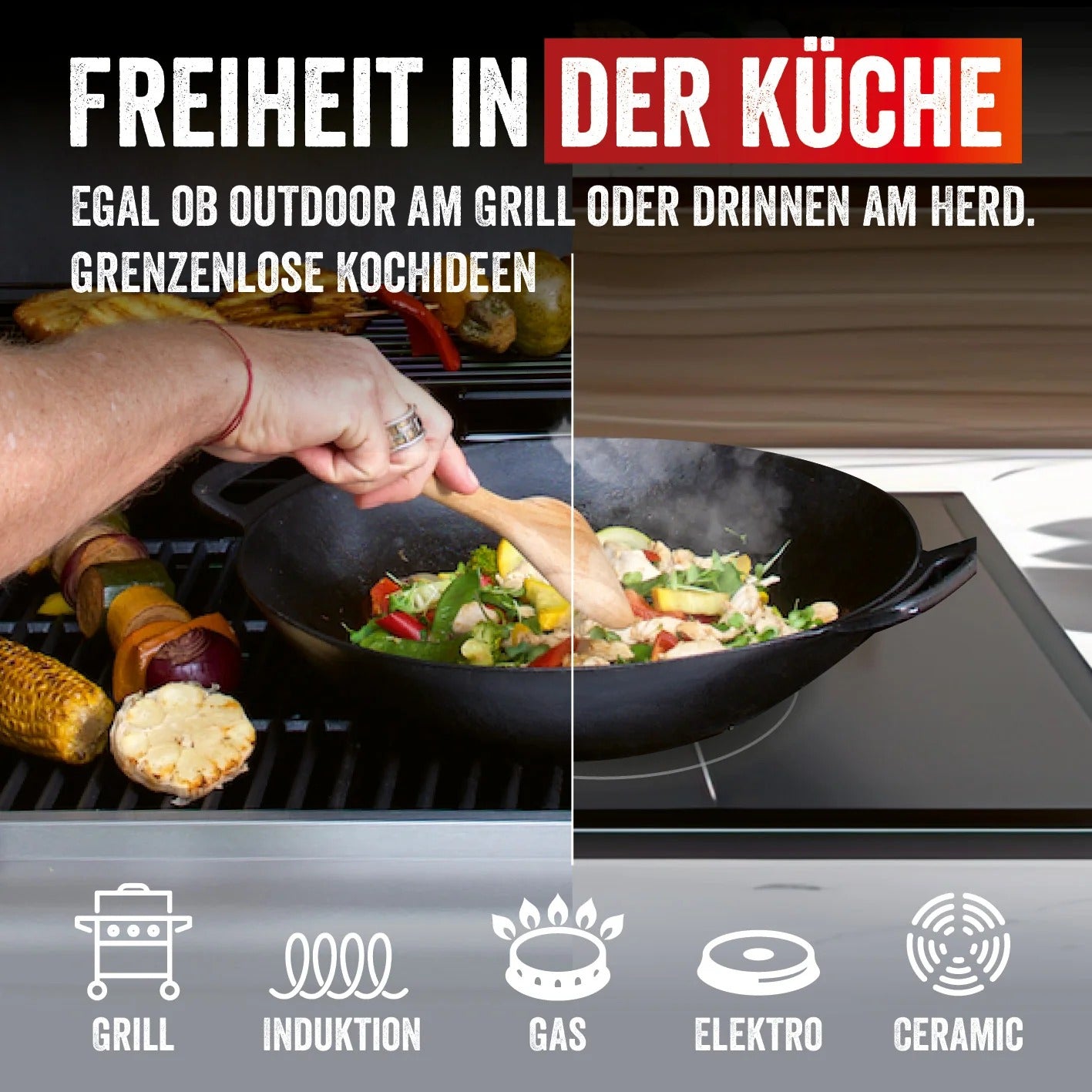 LANDMANN Fonduepfanne 15502 Pure – Ø 44,5 cm, Gusseisen, Emaille, für Grillrost, Schwarz