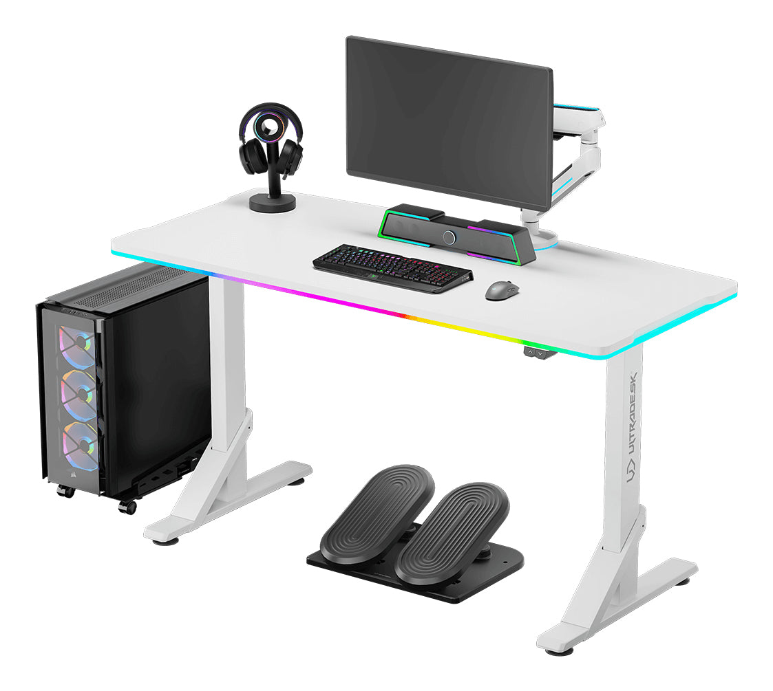 Ultradesk Iron Gaming-Tisch – 132,5 × 60,5 cm, höhenverstellbar, RGB-Beleuchtung, weiss, Stahl