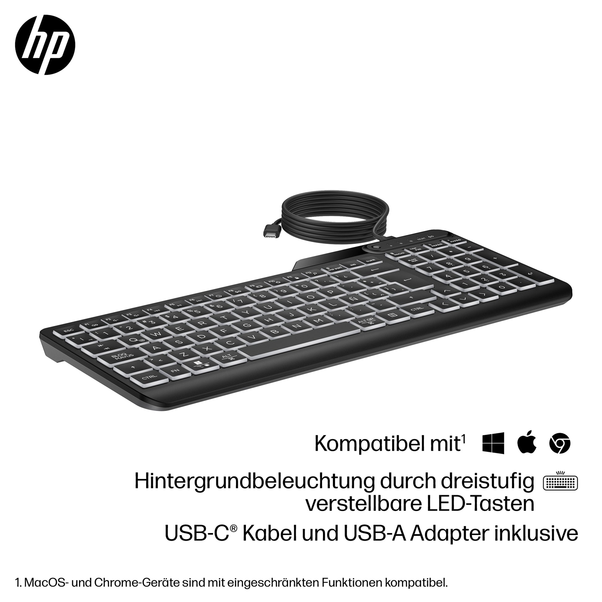 HP Tastatur – kabelgebunden, beleuchtet – USB‑A/USB‑C – programmierbare Schnelltasten – schwarz