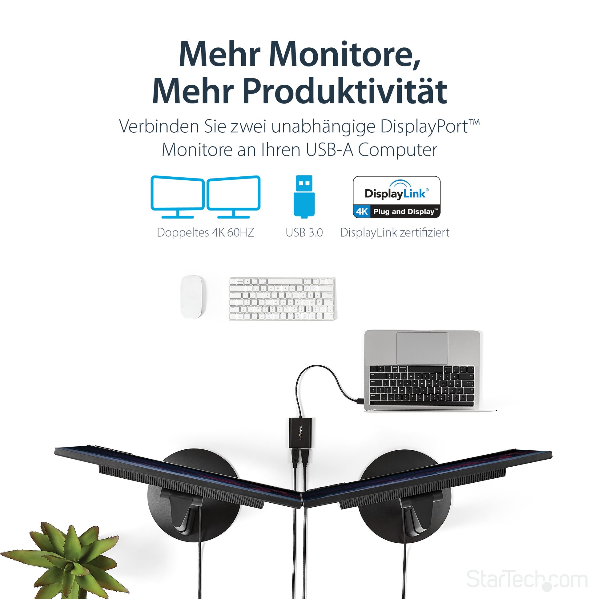 StarTech.com Multi-Monitor-Adapter USB-A zu 2× DisplayPort – 4K (4096 × 2160) @ 60 Hz, 0,3 m