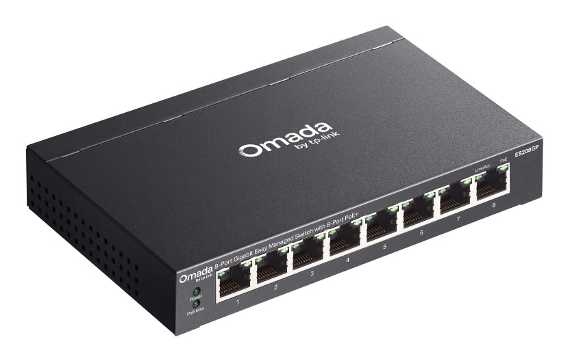 TP-Link Omada ES208GP – Managed L2 Switch – 8× 1G, PoE+, PoE-Budget 64 W, DIN-Schiene