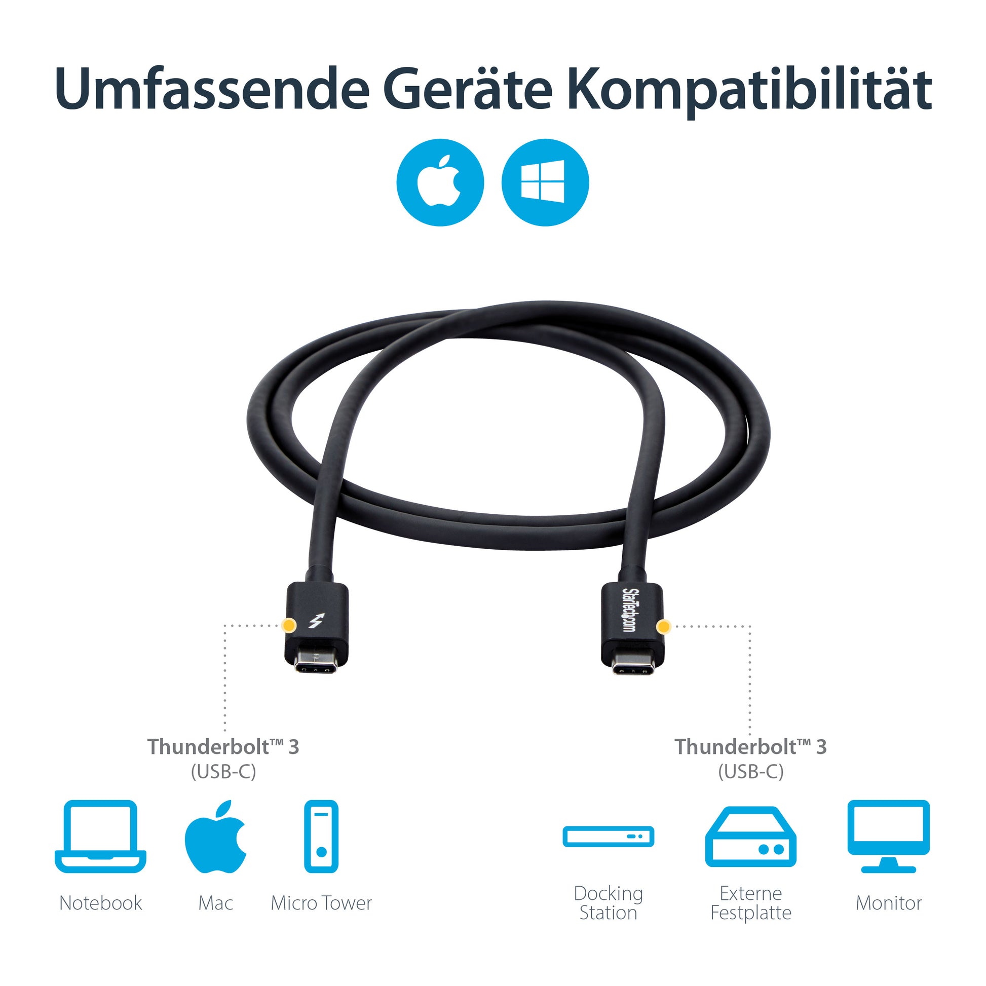 StarTech.com Thunderbolt 3 (USB-C) Kabel – 20 Gbit/s – 1 m – PD 100 W – PVC-Mantel – Schwarz