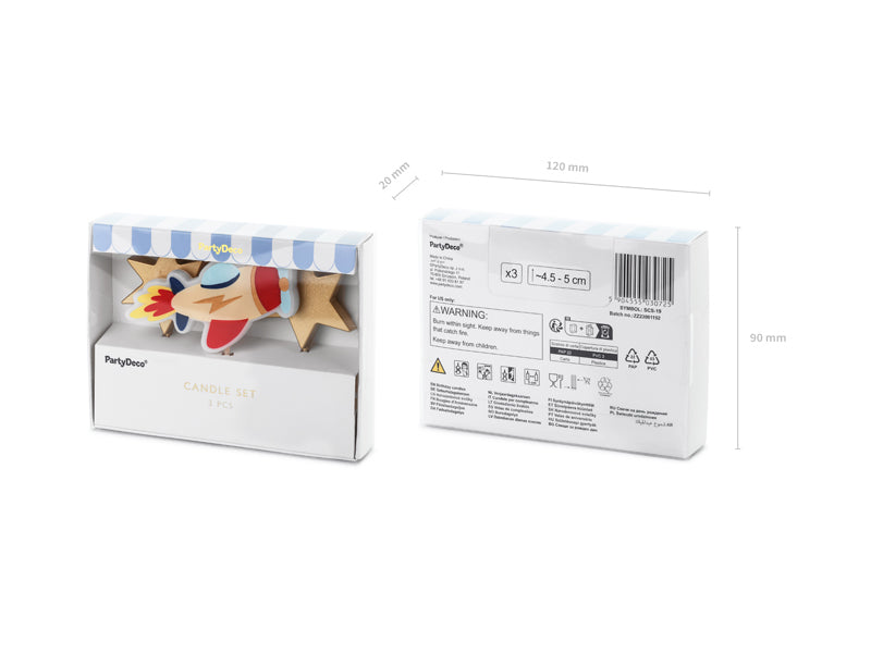 PartyDeco Geburtstagskerzen Flugzeug – mehrfarbig – 4,5–5 cm – 3 Stk