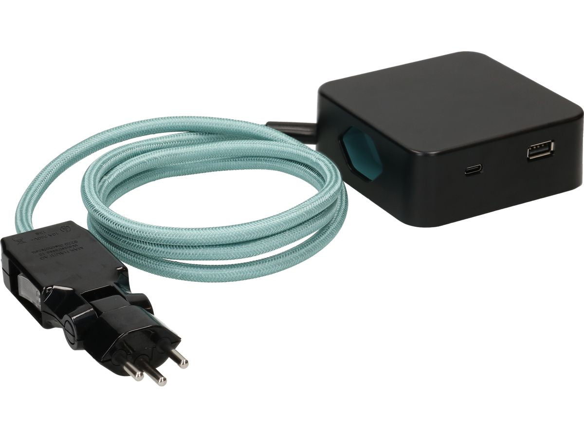 maxTEX Cube Steckdosenleiste – 3× T13, USB‑A/C 18 W, 2 m, ohne Schalter, IP20, schwarz/türkis