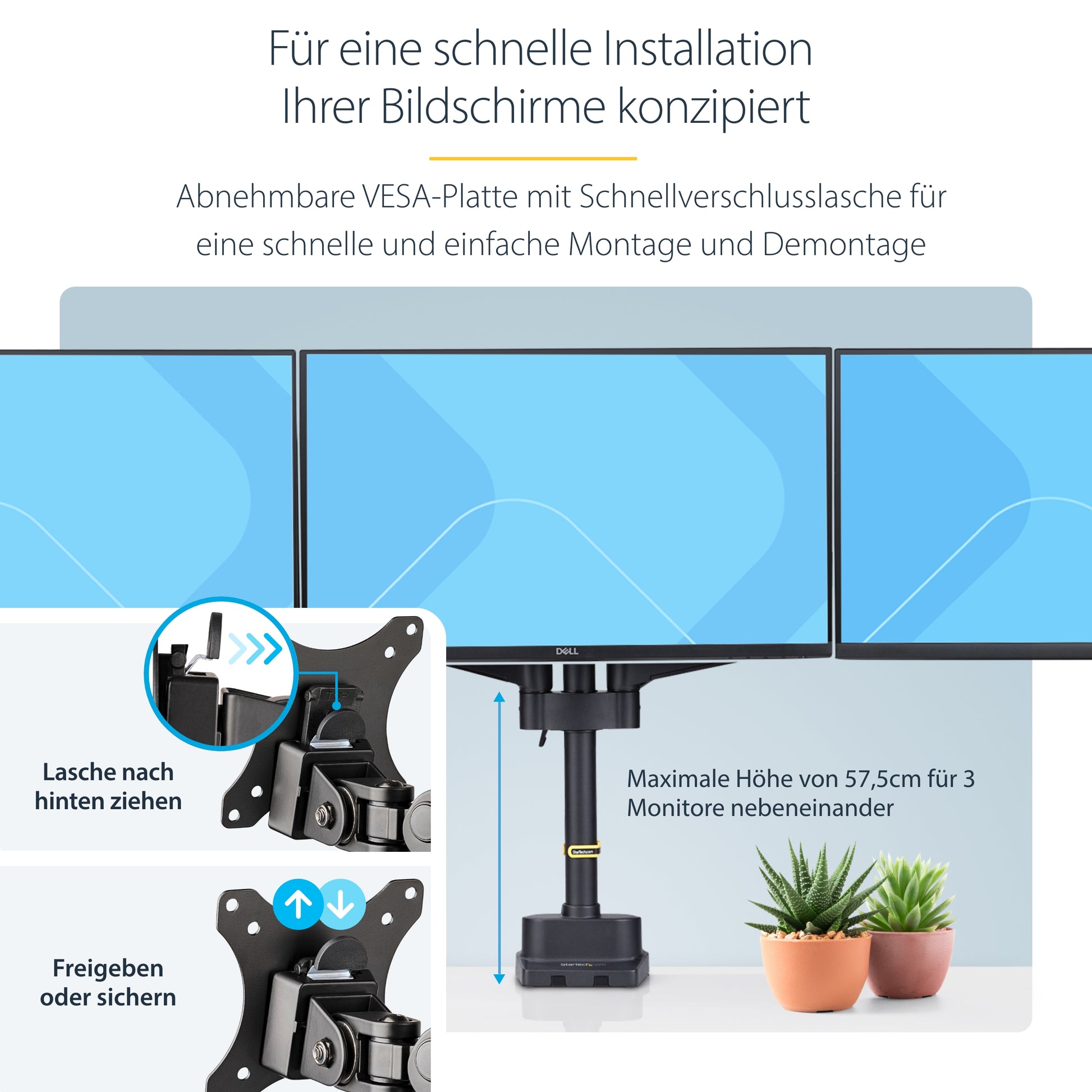 StarTech.com Monitorarm Tischhalterung – 3 Monitore – bis 27" – VESA 75×75/100×100 mm