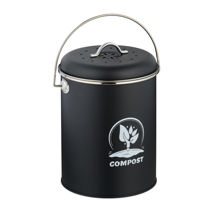 Relaxdays Komposteimer – 5,5 l – Eisen, rund – silber/schwarz – mit Filter