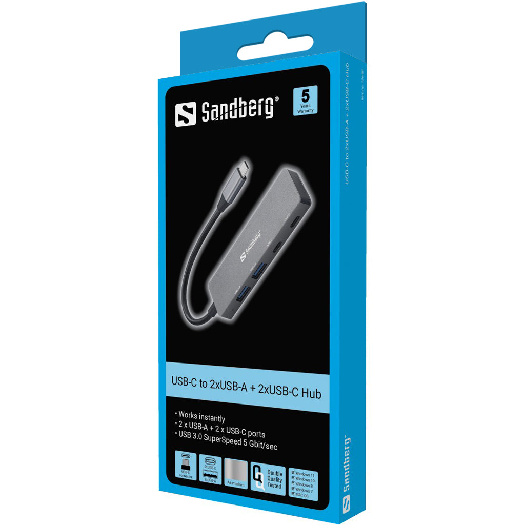 Sandberg 136-50 USB-Hub – USB-C, 2× USB-A, 2× USB-C, für Windows/Mac
