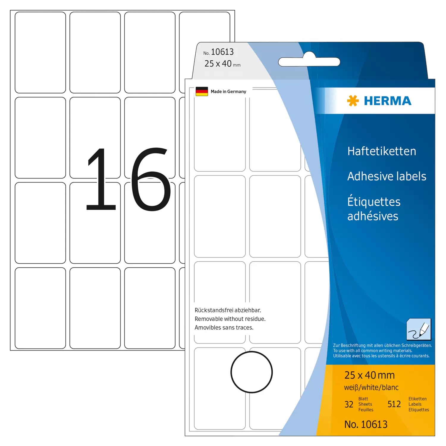 HERMA Schuletiketten – 25 × 40 mm, Abgerundete Ecken, 384 Stk, 24 Bogen, Papier, Ablösbar