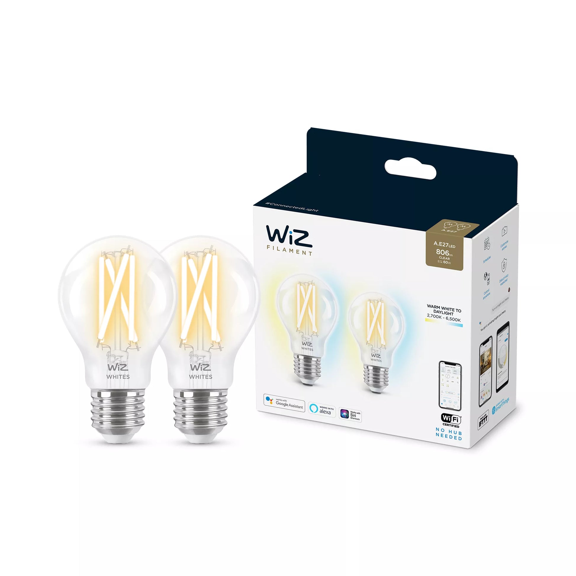 WiZ Smart-Leuchtmittel E27 A60 – 2700–6500 K, 806 lm, 7 W, WLAN/Bluetooth – für SmartThings – 2 Stk.