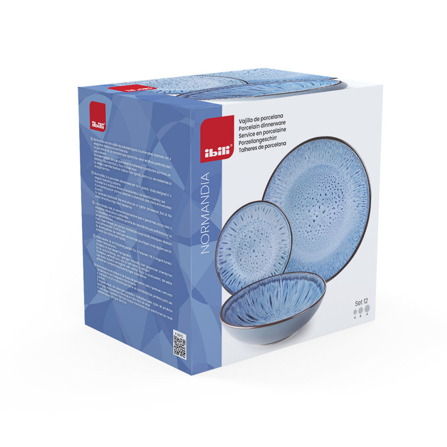 Ibili Normandia Speise-Service – 12-teilig, Ø 27/20,7/19,9 cm, Porzellan, Blau, spülmaschinenfest