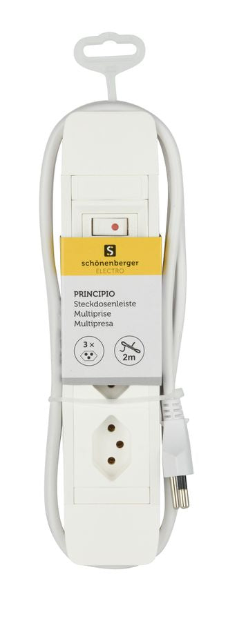 M. Schönenberger PRINCIPIO Steckdosenleiste, 3×T13, mit Schalter, 2 m, Eingang T12, IP20 – weiss
