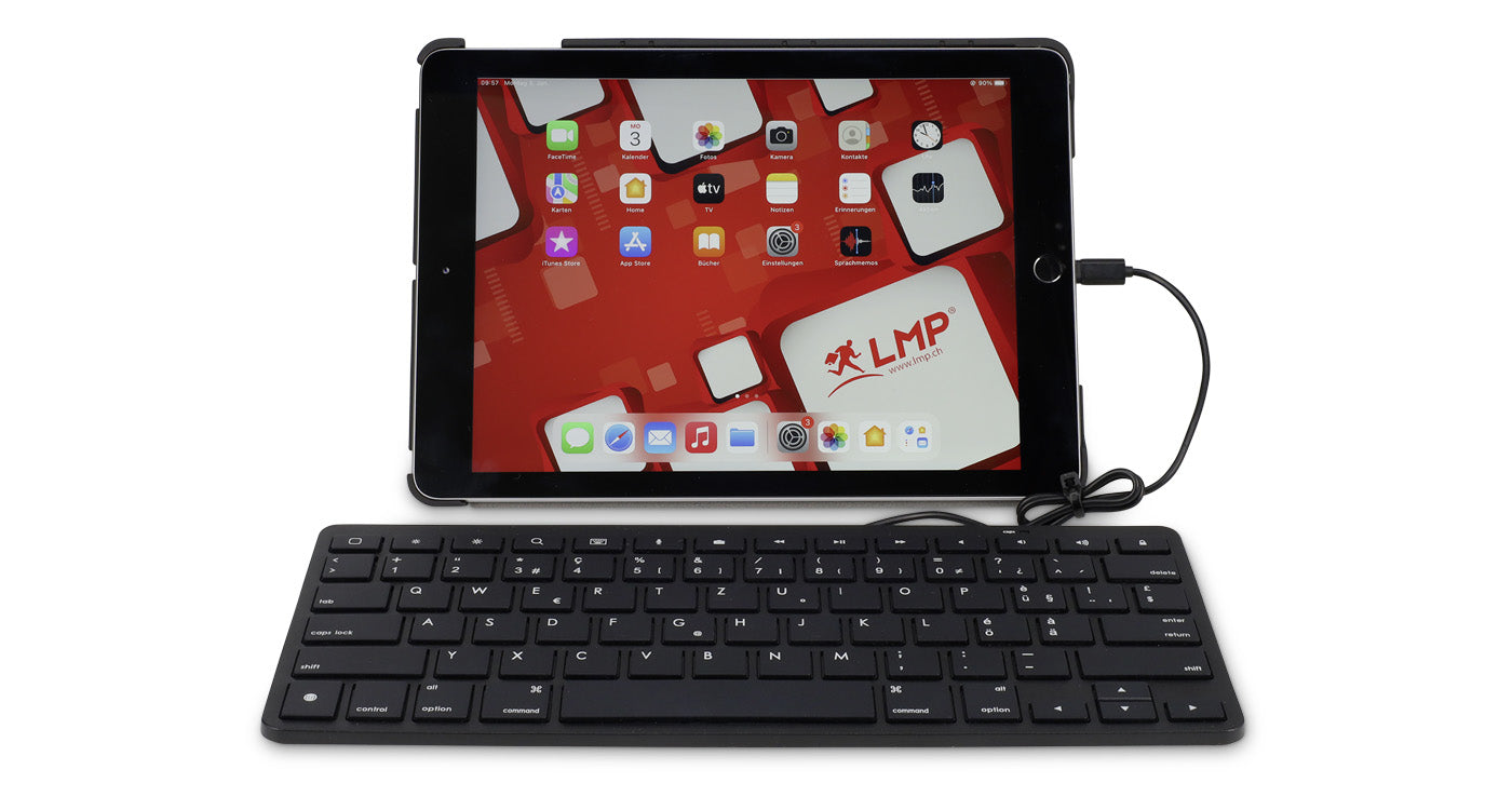 LMP Lightning KB – Tastatur, kabelgebunden (Lightning), CH-Layout (DE-CH), Scherenmechanik, Schwarz – für iPadOS & iOS