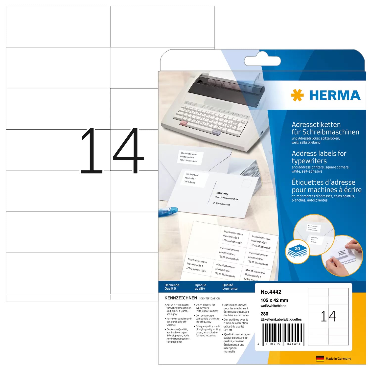 HERMA Adressetiketten, Lift-off-Qualität – für Schreibmaschinen (bis 4 Durchschläge) – 280er-Pack
