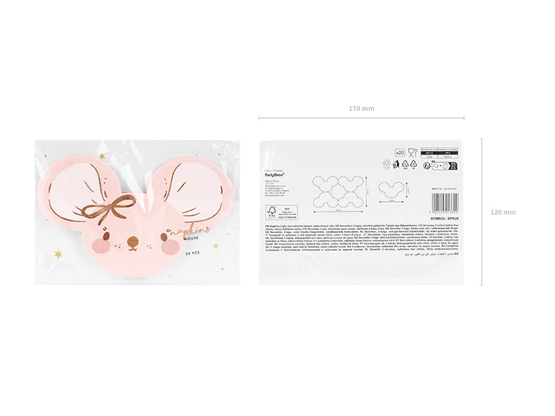 PartyDeco Servietten Maus – Hellrosa – 16 × 10 cm, 3-lagig – 20 Stück