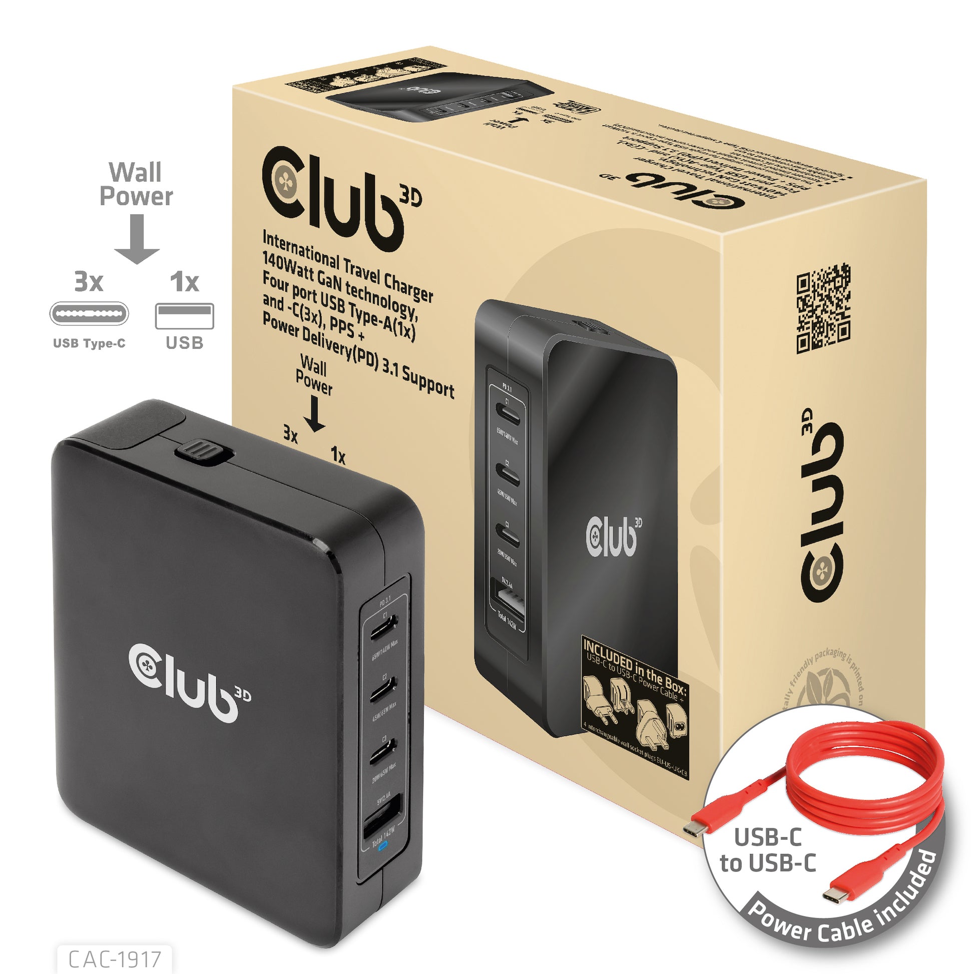 CLUB3D CAC-1917 USB-Desktop-Ladegerät 140 W – USB-C×3, USB-A×1 – PD, GaN