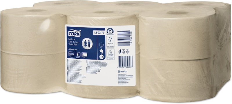 Tork Toilettenpapier Mini Jumbo – 2-lagig, Recycling, Rollenlänge 170 m – für Tork T2 – 12 Rollen