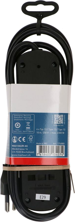 Max Hauri AG Max Hauri Basic Line – Steckdosenleiste, 4× T13, mit Schalter, 1,5 m, Stecker T12, IP20