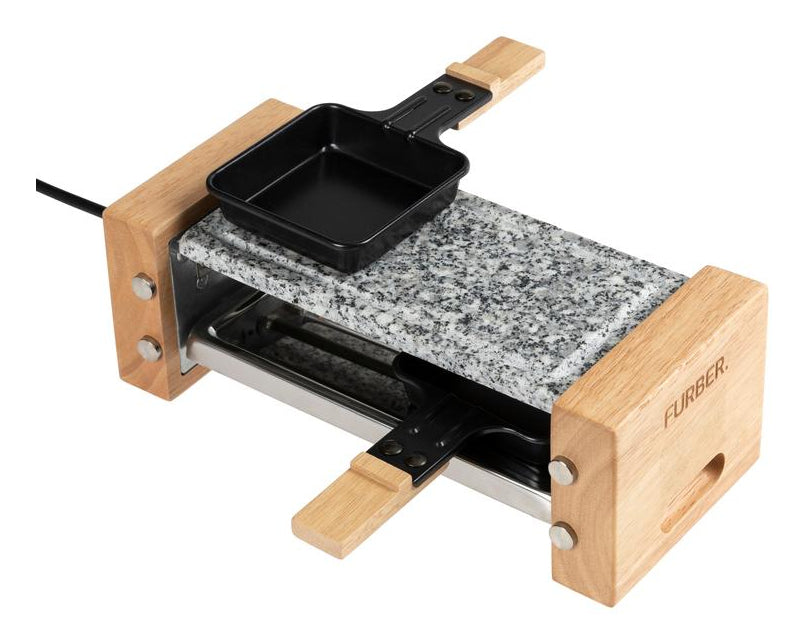Furber. Furber Raclette-Grill Festa F00793 – 2 Personen, 350 W, Stein-Grillplatte – Schwarz/Marmor/Holz