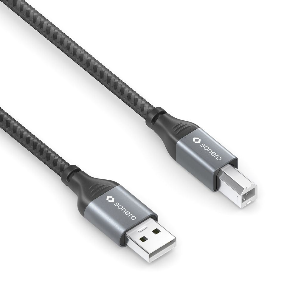 sonero USB-Kabel – USB-A auf USB-B – USB 2.0 (480 Mbit/s) – 3 m – Geflochten, Baumwolle – Schwarz/Grau