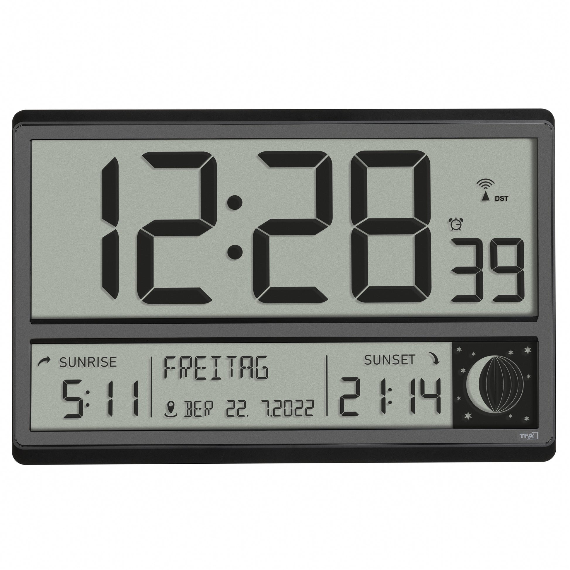 TFA-Dostmann TFA Dostmann Wanduhr – Digital, Funk, lautlos, 36 × 23,5 × 2,8 cm, Schwarz