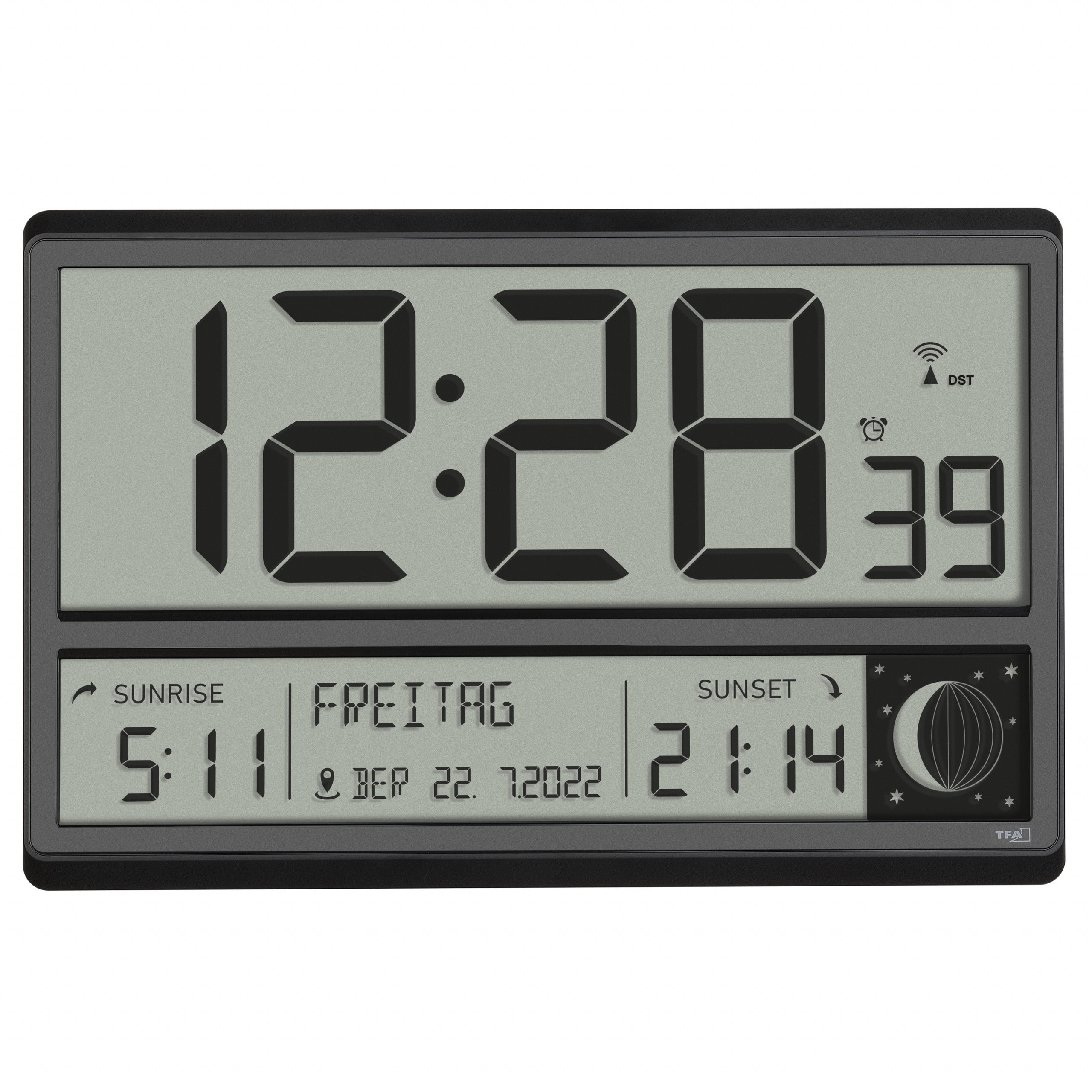 TFA-Dostmann TFA Dostmann Wanduhr – Digital, Funk, lautlos, 36 × 23,5 × 2,8 cm, Schwarz