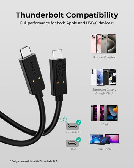 AUKEY USB-Kabel – USB-C zu USB-C – USB4 20 Gbit/s – 0,8 m – PD 240 W – USB‑IF zertifiziert – Schwarz