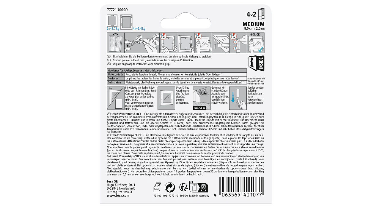 TESA Montagepad – 20 × 80 mm, weiss, bis 5,4 kg, 8 Stk.