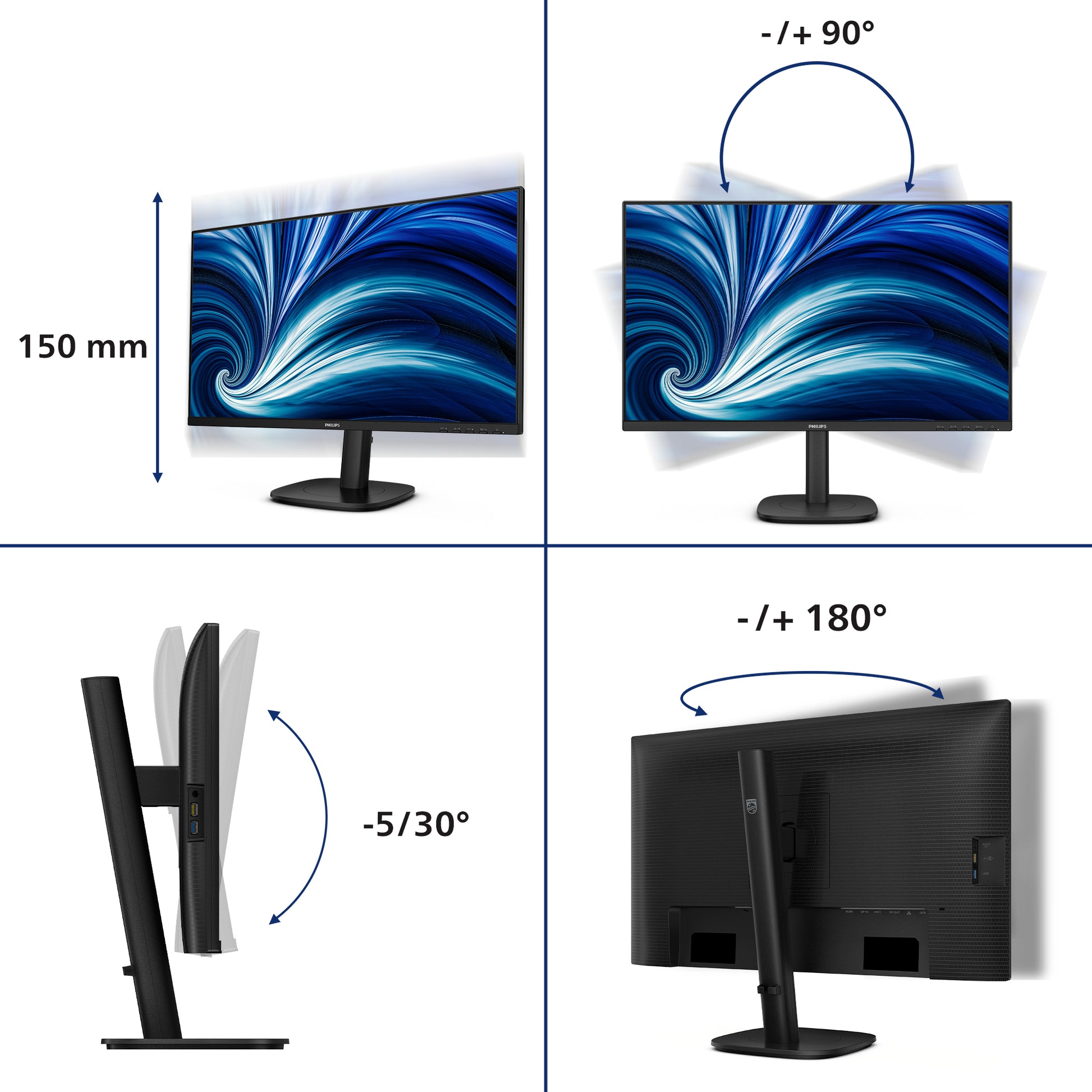 Philips 27B2U3601/00 – Monitor, 27", IPS, 120 Hz, 350 cd/m², USB-C, Integrierte Lautsprecher, Schwarz