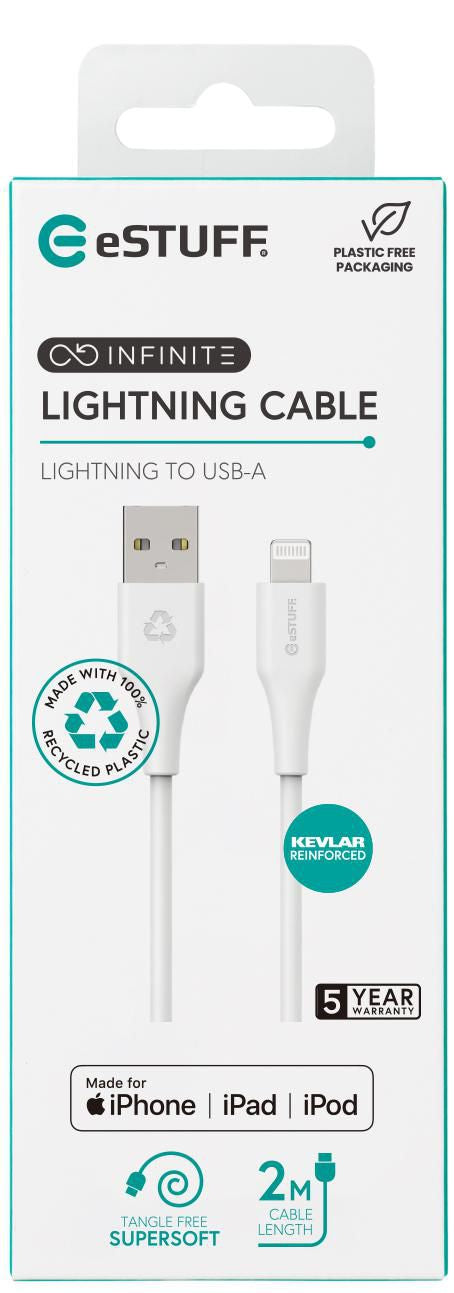 eSTUFF Kabel – USB‑A auf Lightning 2 m, MFi zertifiziert, 12 W, Weiss – für iPhone/iPad