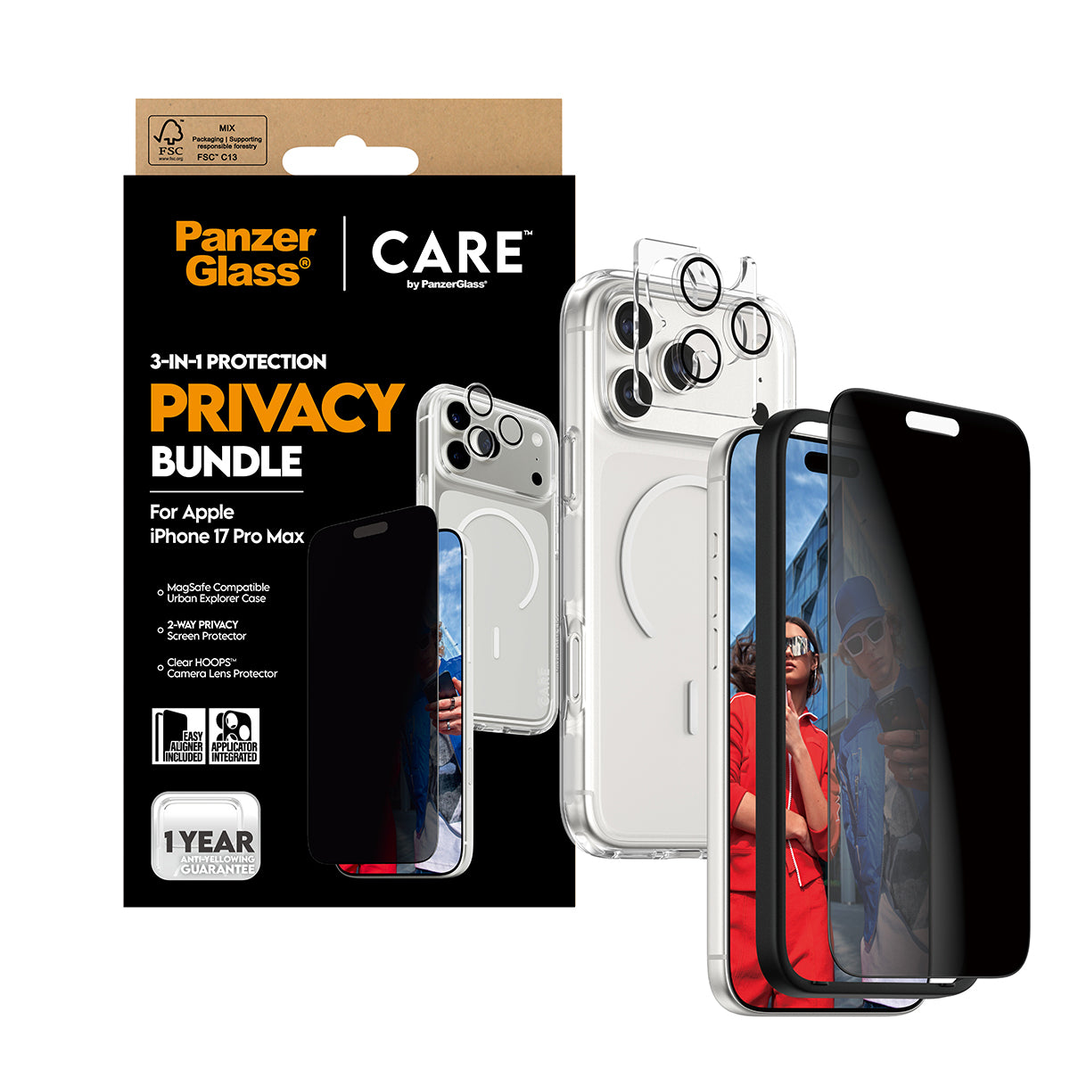 PanzerGlass Schutz-Set 3-in-1 Privacy-Filter – für Apple iPhone 17 Pro Max – Kratzresistent, Hartglas