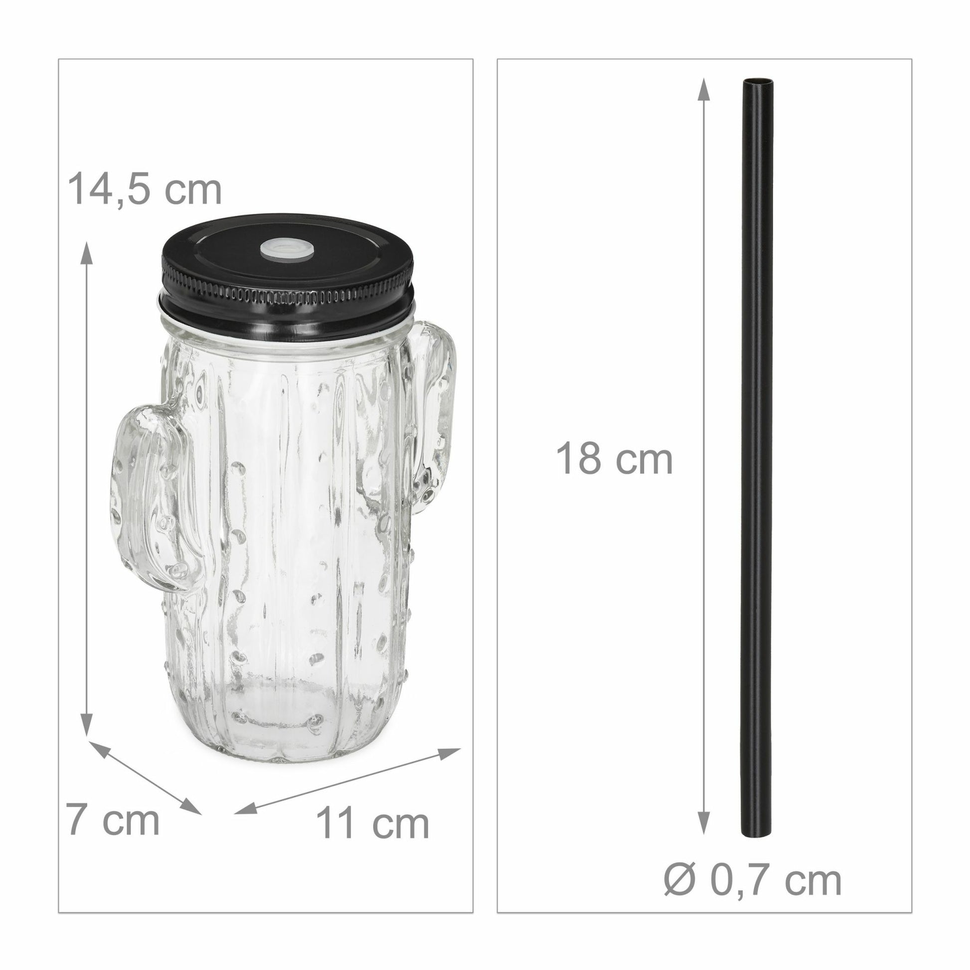 Relaxdays Trinkkrug – 8er Set, 500 ml, 11,0 × 7,0 × 14,5 cm, Glas, Schwarz/Transparent, mit Halm