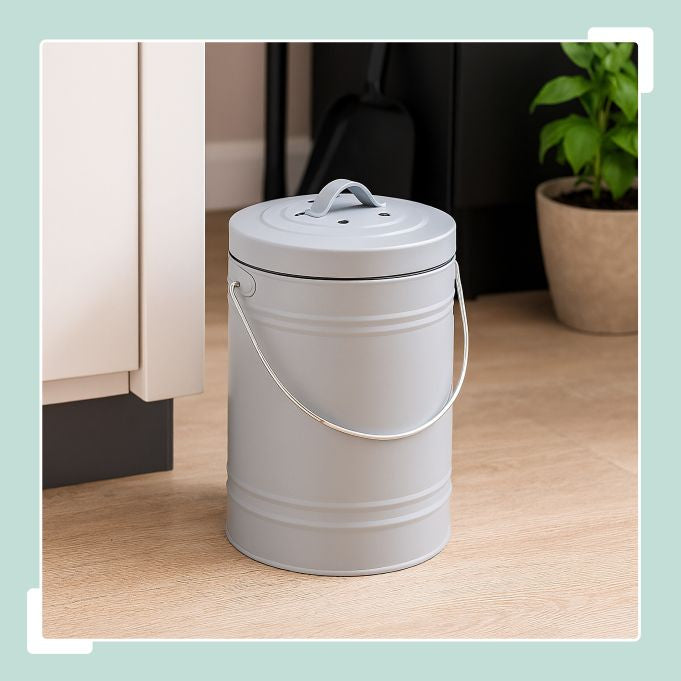 Relaxdays Komposteimer 10051223_111 – 5 l – Eisen, Oval – Grau – mit Geruchsfilter
