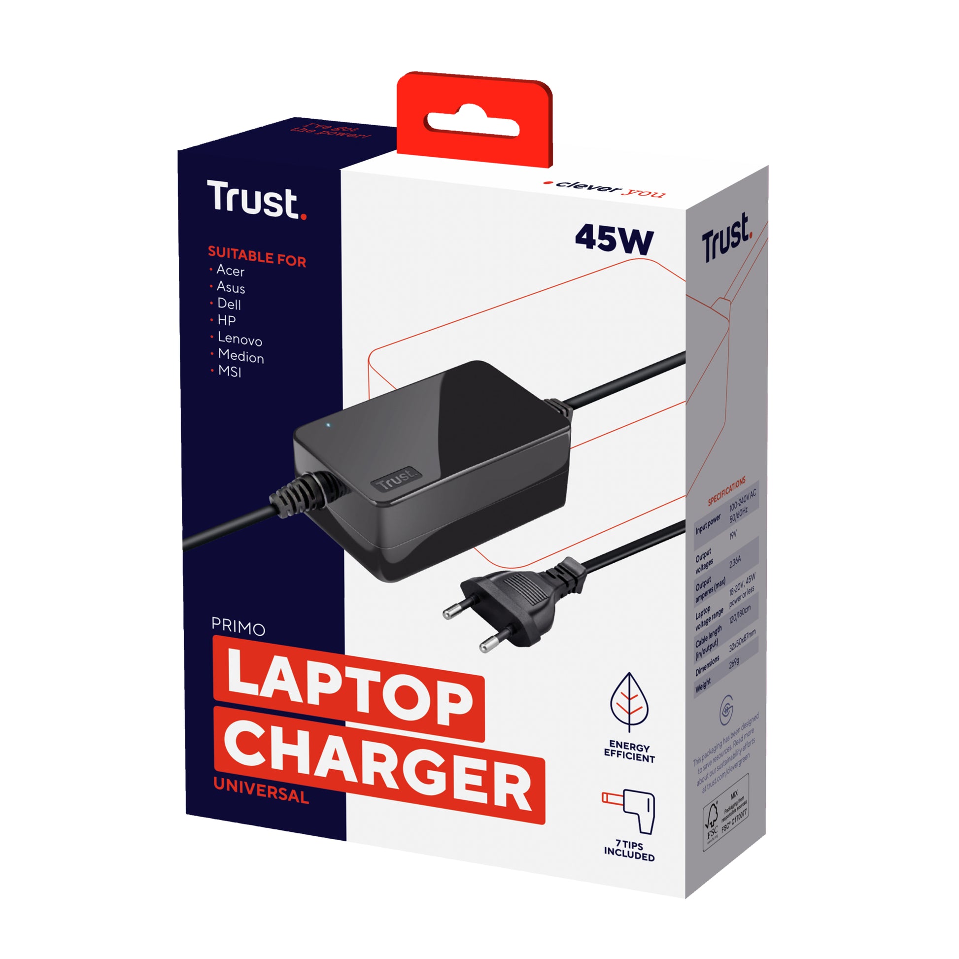 Trust Primo Netzteil 45 W – für Laptops 18–20 V – Schwarz