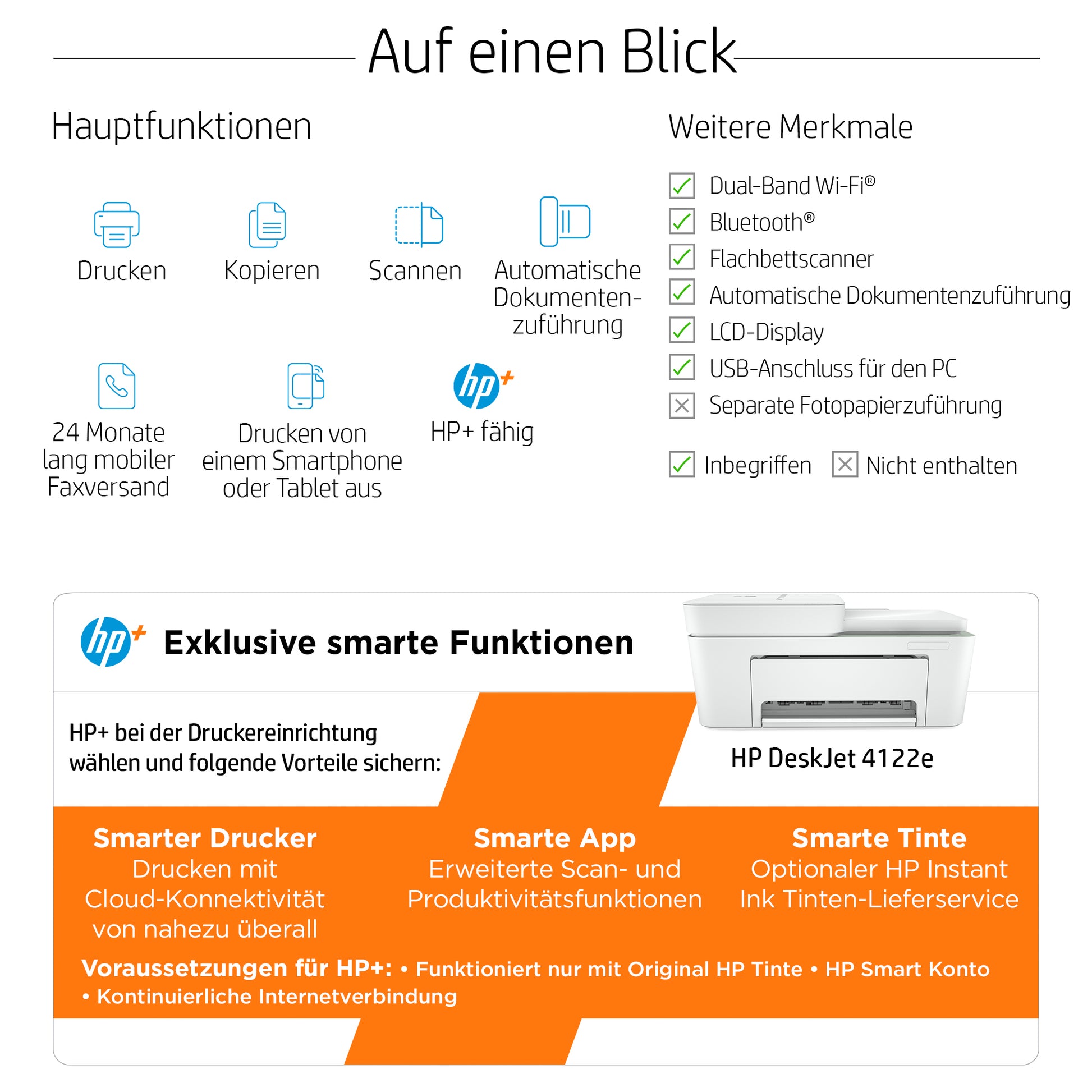 HP DeskJet 4122e – Farbtintenstrahl-Multifunktionsdrucker, A4, 4-in-1, Duplex, ADF, WLAN, AirPrint, Mopria