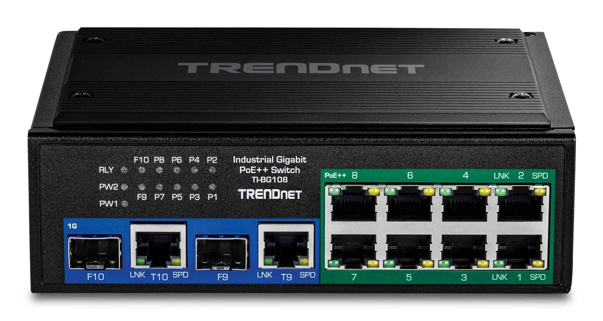 TRENDnet TI-BG108 – Switch – 8× 1G + 2× 1G (RJ‑45/SFP), PoE++, PoE-Budget 400 W, DIN-Schiene