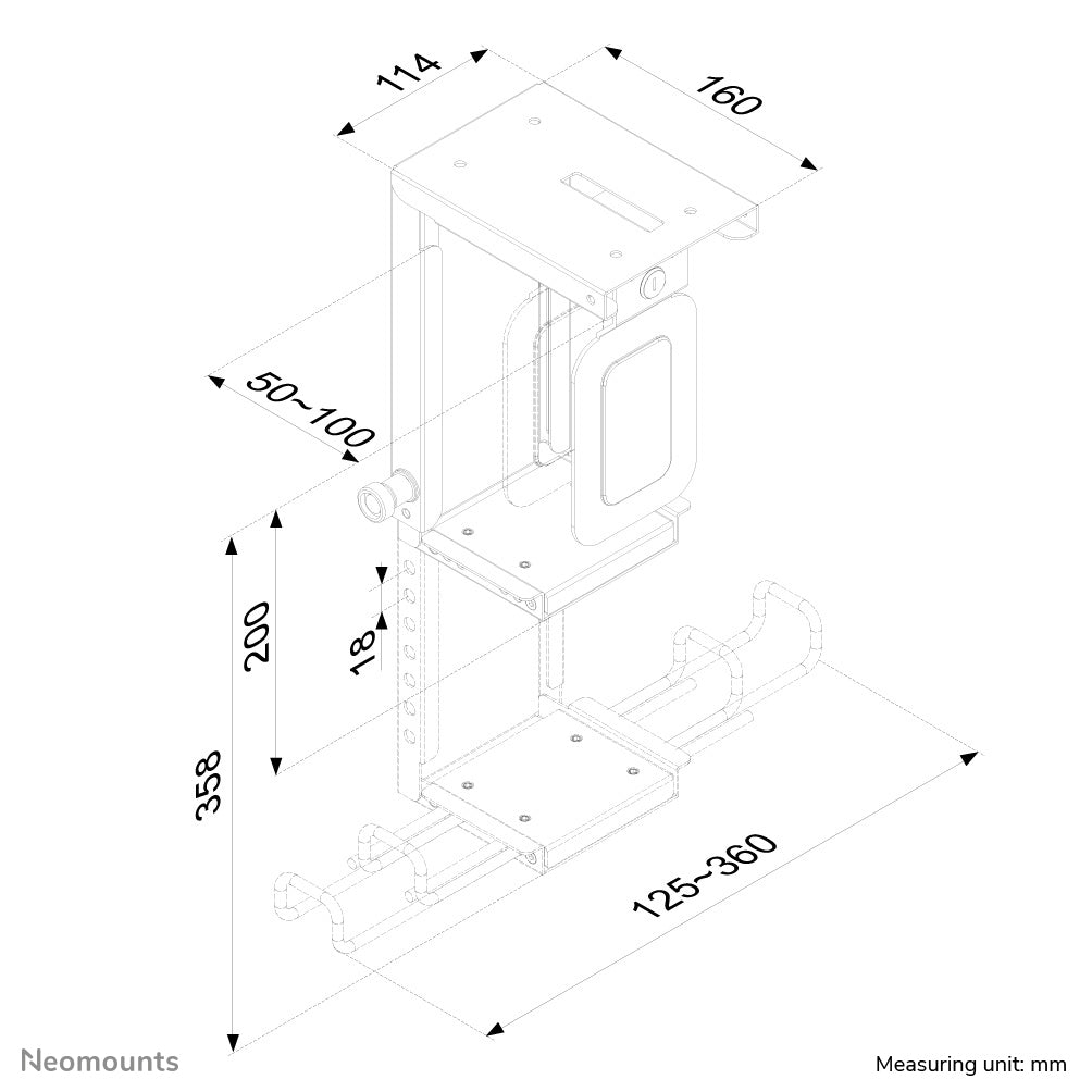 Neomounts CPU-D075BLACK/LK – PC-Halterung unter Tisch – B 50–100 mm, H 200–360 mm, 10 kg, Schwarz