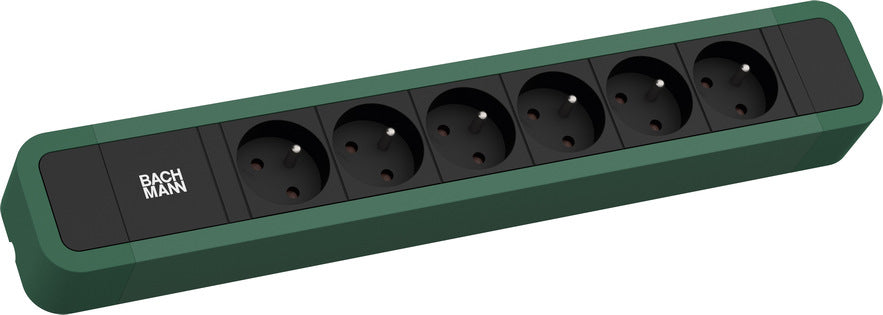 Bachmann PRIMO 2 Steckdosenleiste, 6×UTE, 2 m, Eingang CEE 7/7 (Typ E/F, abgewinkelt), Aluminiumprofil – Grün