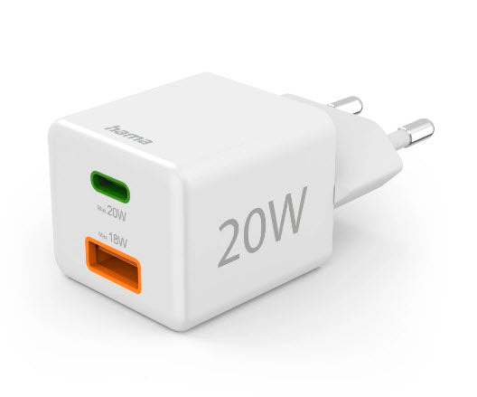 Hama 00201991 USB-Ladegerät 20 W – USB-C×1, USB-A×1 – PD, QC 3.0 – für Kopfhörer, Powerbank u. a. – Weiss