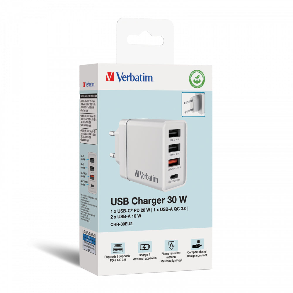 Verbatim USB-Ladegerät 30 W – USB-C×1, USB-A×2 – PD, QC 3.0, EU-Stecker (Typ C) – Weiss
