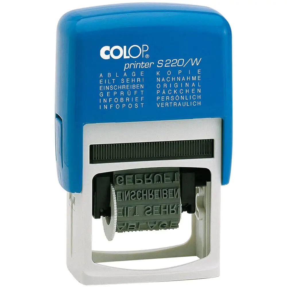 Colop Printer S 220/W – Selbstfärbender Wortstempel, 12 Texte, Deutsch – Abdruck 25 × 4 mm – Rot