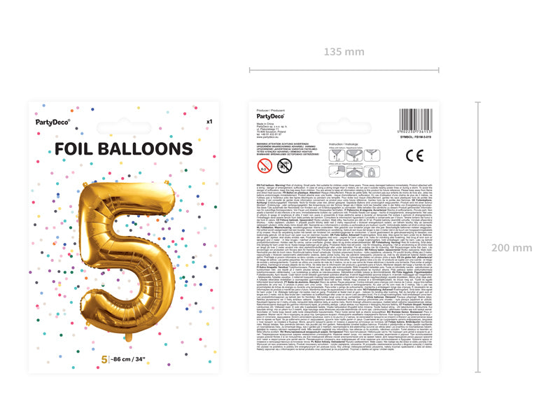 PartyDeco Folienballon Zahl 5 – Gold – 86 cm – Folie – 1 Stk
