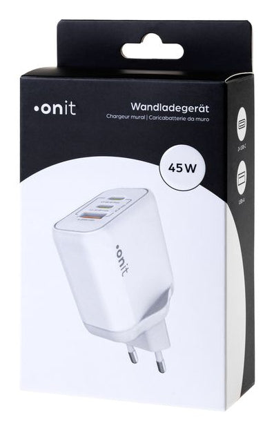 ONIT F02798 USB-Ladegerät 45 W – USB-C×2, USB-A×1 – PD 3.0, PPS, QC 3.0, GaN – EU-Stecker (Typ C), Weiss