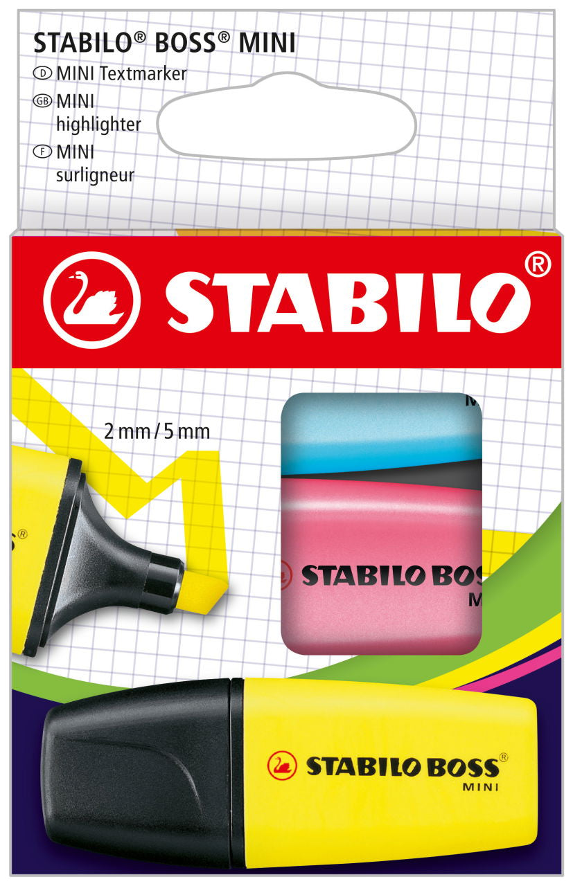 STABILO BOSS Textmarker Mini Set 3 Farben – Keilspitze, 2–5 mm