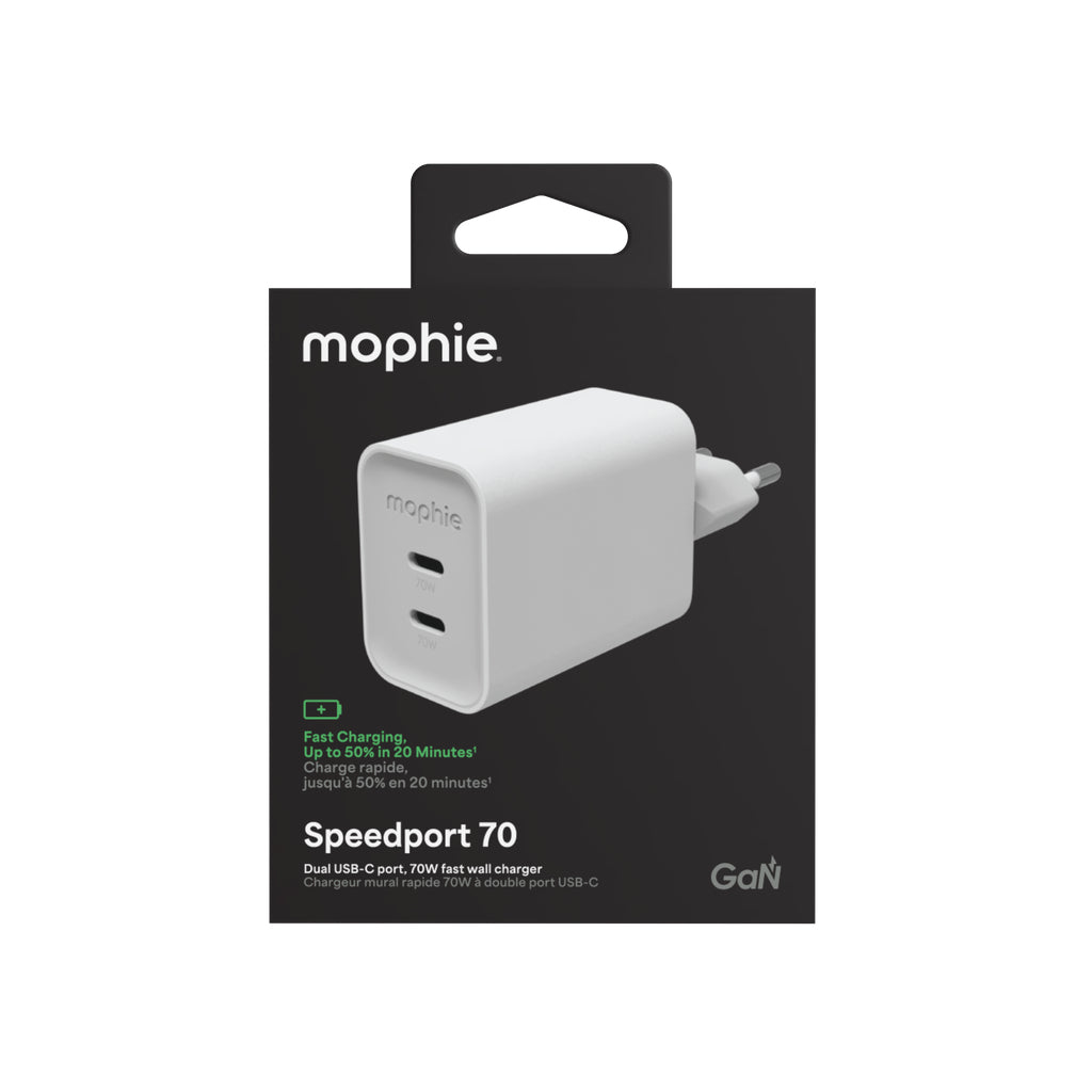 mophie Speedport 70 USB-Ladegerät 70 W – USB-C×2 – PD, GaN, EU-Stecker (Typ C) – Weiss