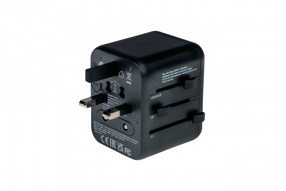 Verbatim Reiseadapter – 100–250 V, 2'500 W, 2x USB (PD20W) – von Typ A/B/C zu Typ E/F/G usw. – schwarz