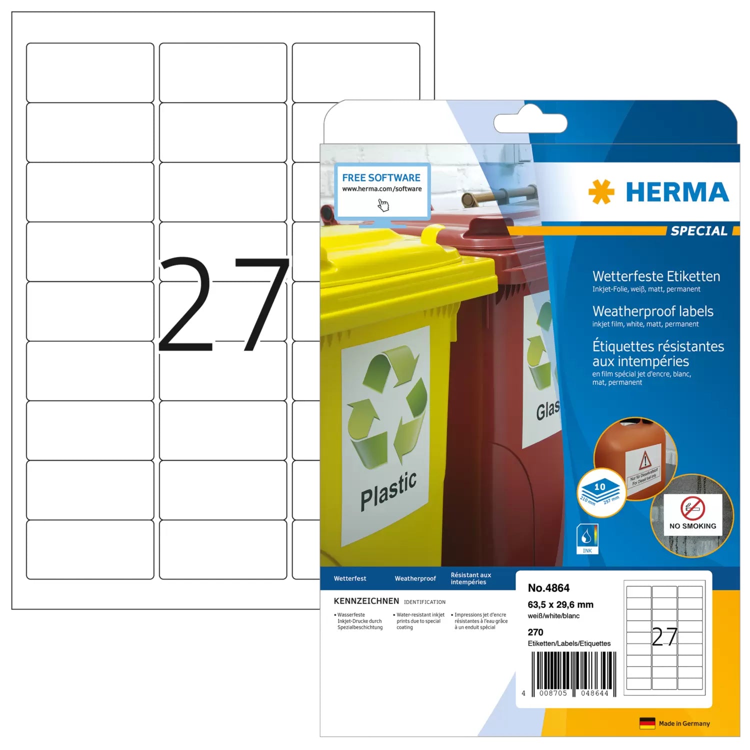 HERMA Druckeretiketten, 64 mm × 30 mm, weiss, Folie, extra stark, 270 Etiketten (10 Blatt)