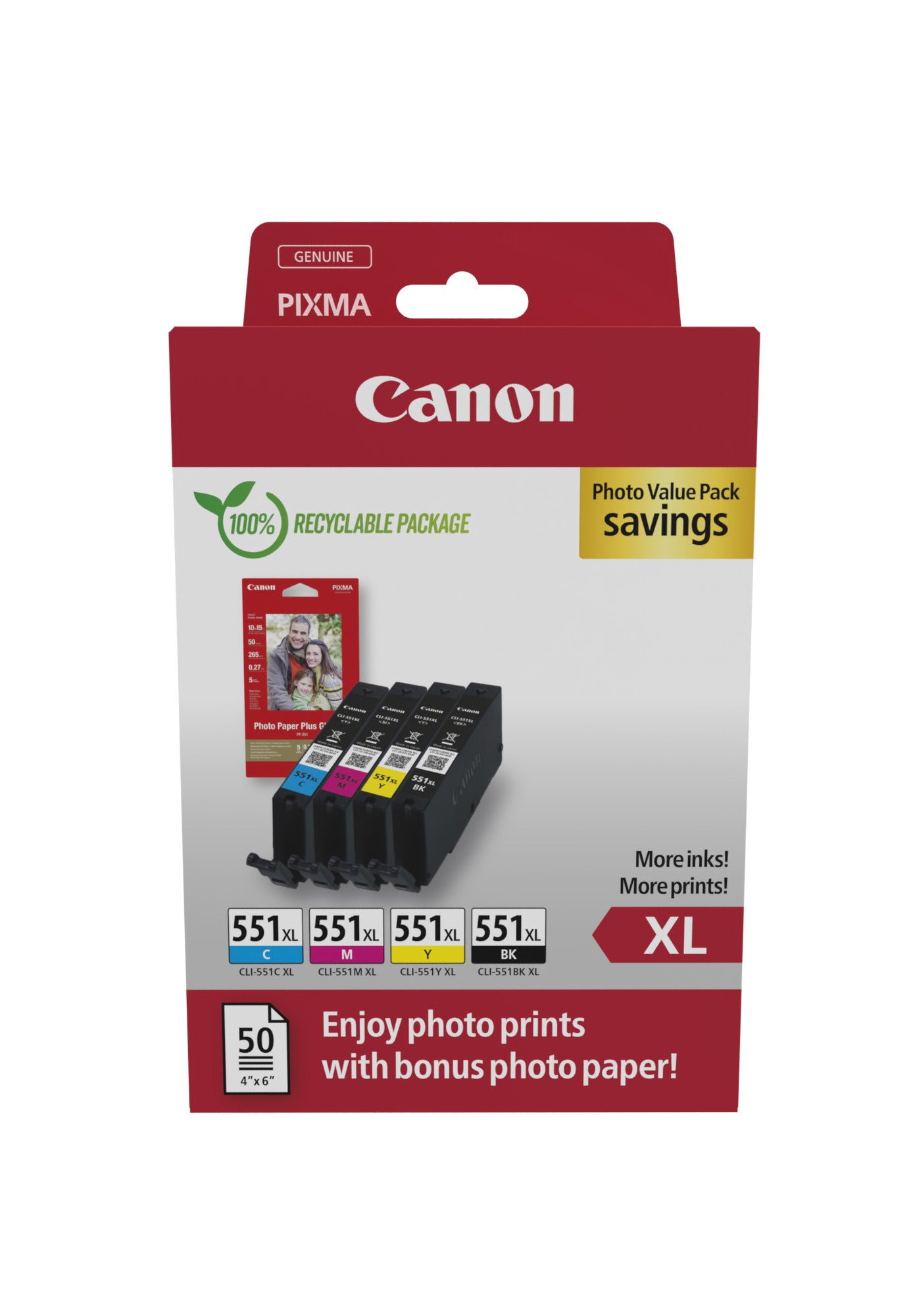 Canon Tintenpatronen-Multipack CLI-551XL Photo Cube, 4er-Pack, mit Fotopapier (50 Blatt) – für Inkjetdrucker