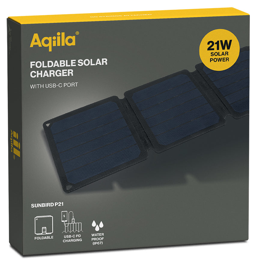 Aqiila Sunbird P21 Solarpanel-Ladegerät 20 W – USB-C×1, IP67, faltbar – für Camping – schwarz/gelb